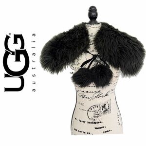 UGG Sheepskin Fur Shoulder Wrap Fluffy Pom Poms Ties Black One size MobWife core